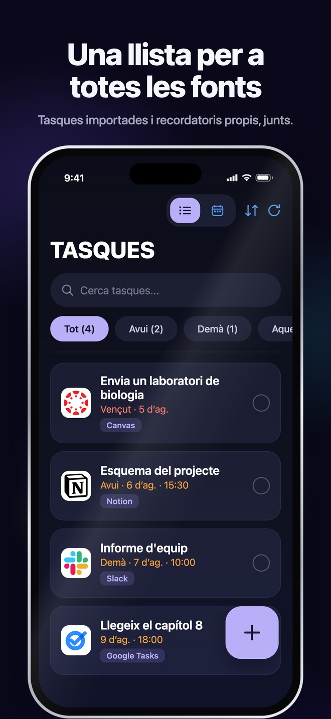 Tasques de Nonlate per a iOS que reuneix tasques importades i recordatoris personals en una llista amb cerca