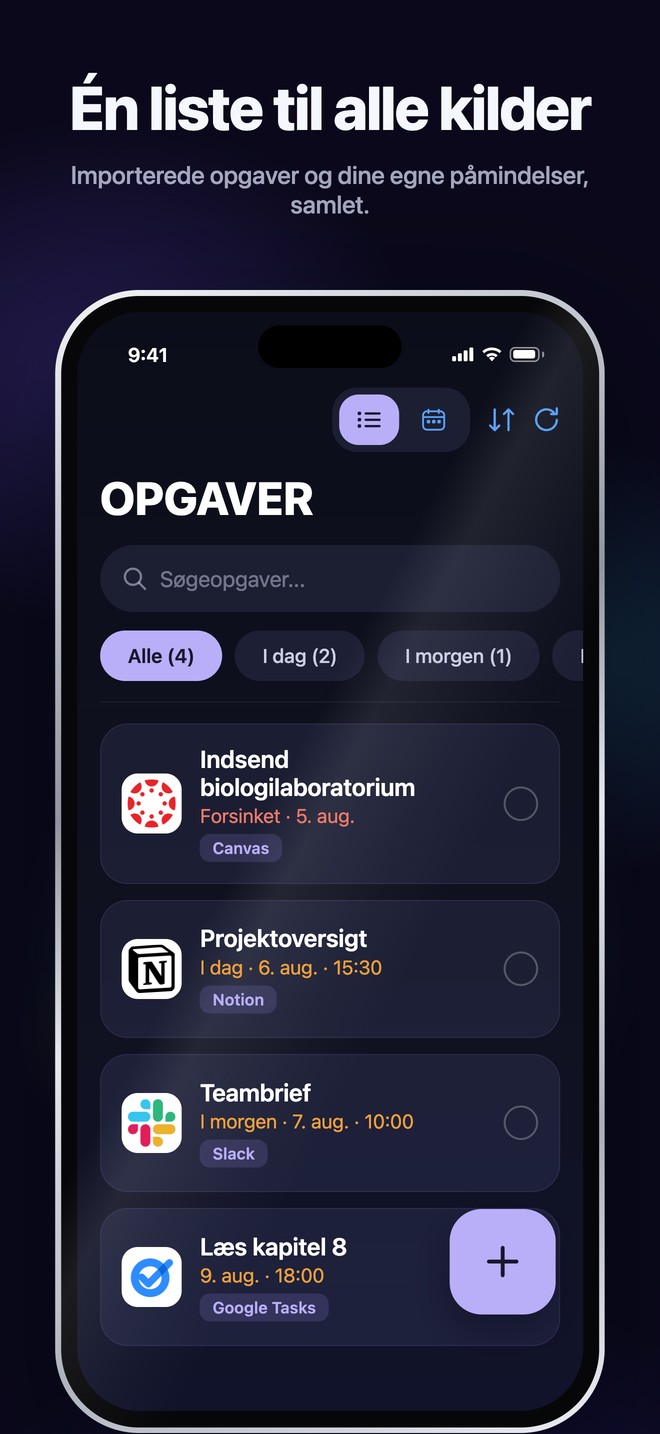 Nonlates iOS-opgaver samler importerede opgaver og personlige påmindelser i én søgbar liste