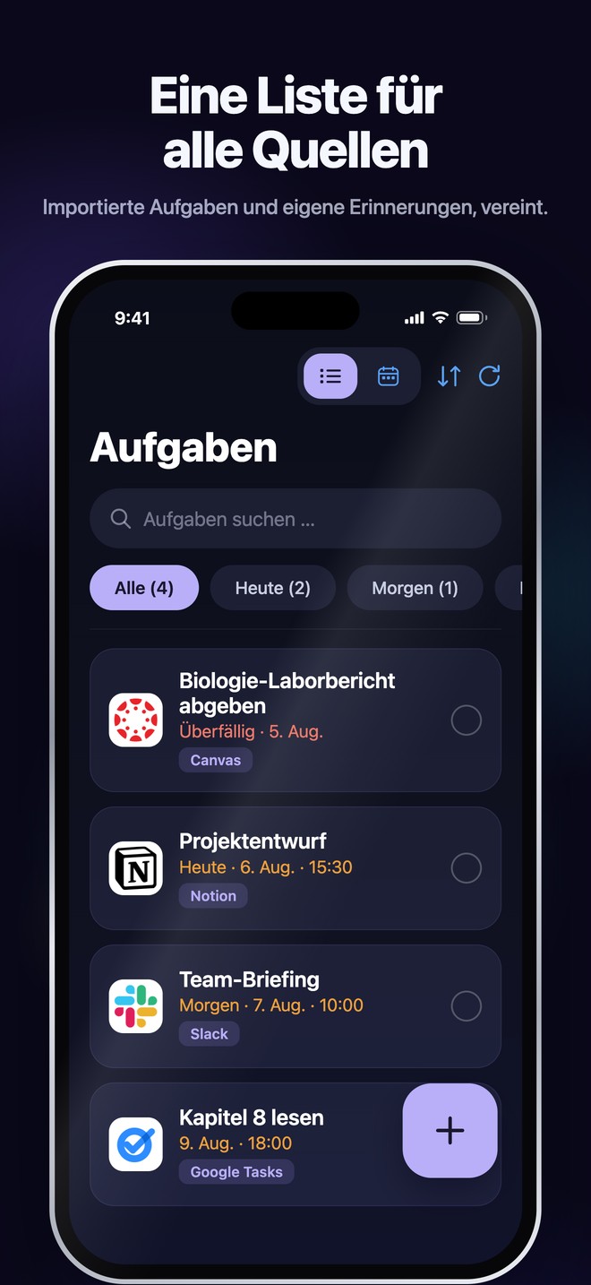 Nonlate-Aufgaben auf iOS vereinen importierte Aufgaben und persönliche Erinnerungen in einer durchsuchbaren Liste