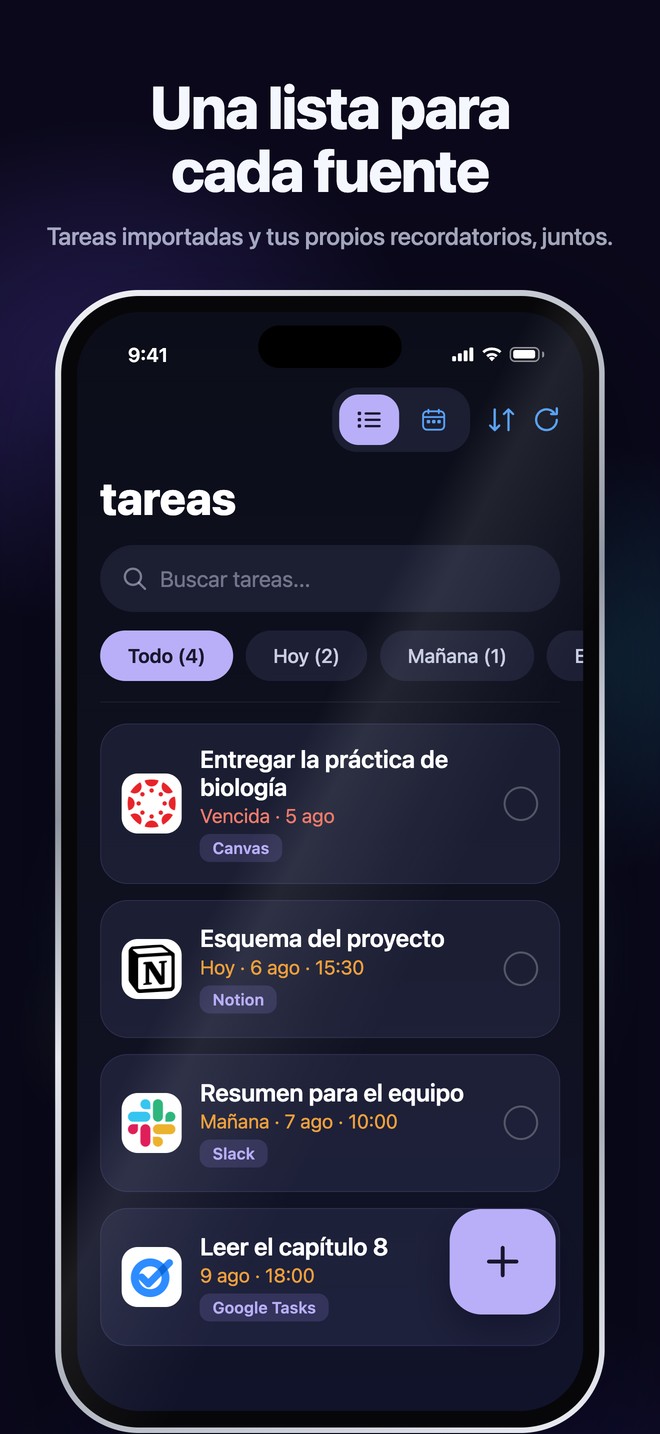 Tareas de Nonlate en iOS que reúne tareas importadas y recordatorios personales en una lista con búsqueda