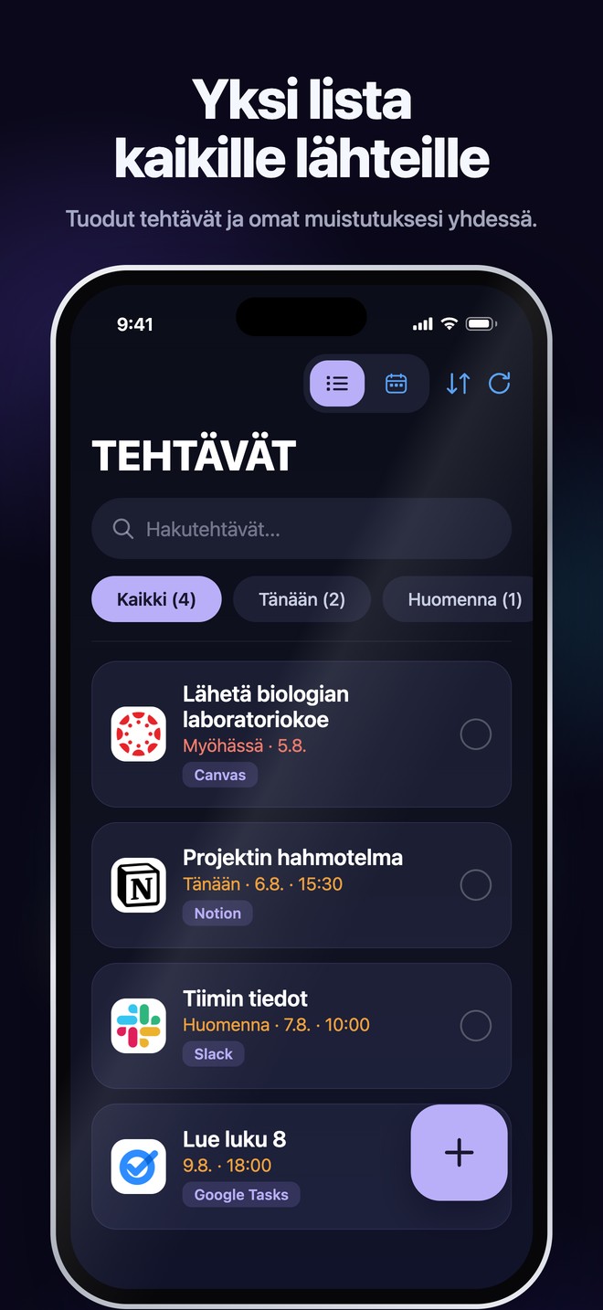 Nonlaten iOS-tehtävänäkymä kokoaa tuodut tehtävät ja henkilökohtaiset muistutukset yhteen haettavaan luetteloon