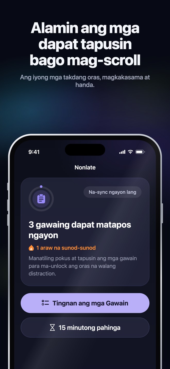 Nonlate iOS Home na nagpapakita ng lampas na sa takdang oras at mga paparating na gawain mula sa mga nakakonektang source
