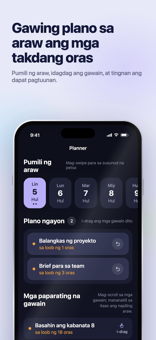 Nonlate iOS Planner na nagtatalaga ng mga paparating na gawain sa napiling araw