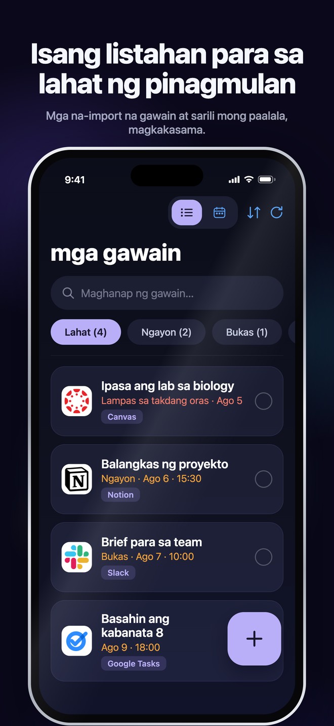 Nonlate iOS Tasks na pinagsasama ang mga na-import na gawain at personal na paalala sa iisang listahang nahahanap