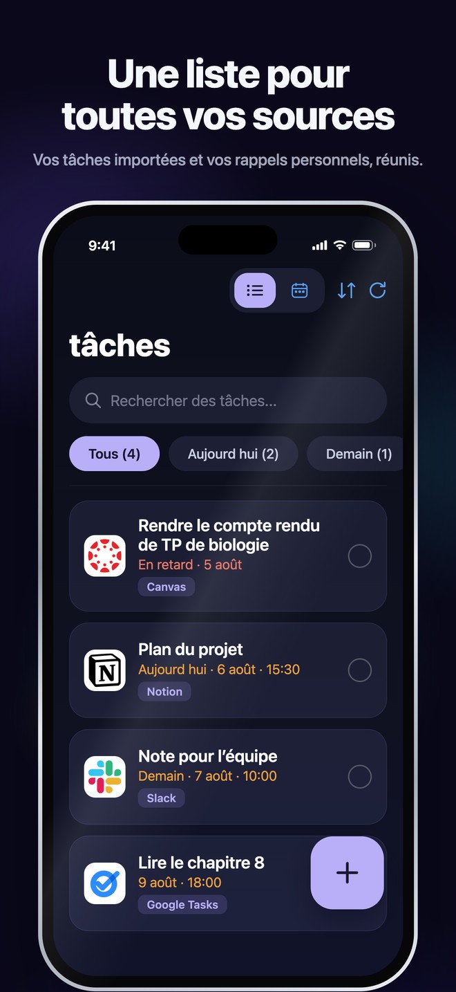 Vue Tâches de Nonlate sur iOS réunissant tâches importées et rappels personnels dans une liste avec recherche
