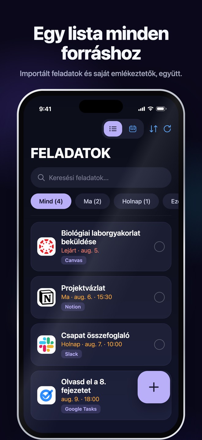 A Nonlate iOS-feladatnézete egy kereshető listába rendezi az importált feladatokat és személyes emlékeztetőket