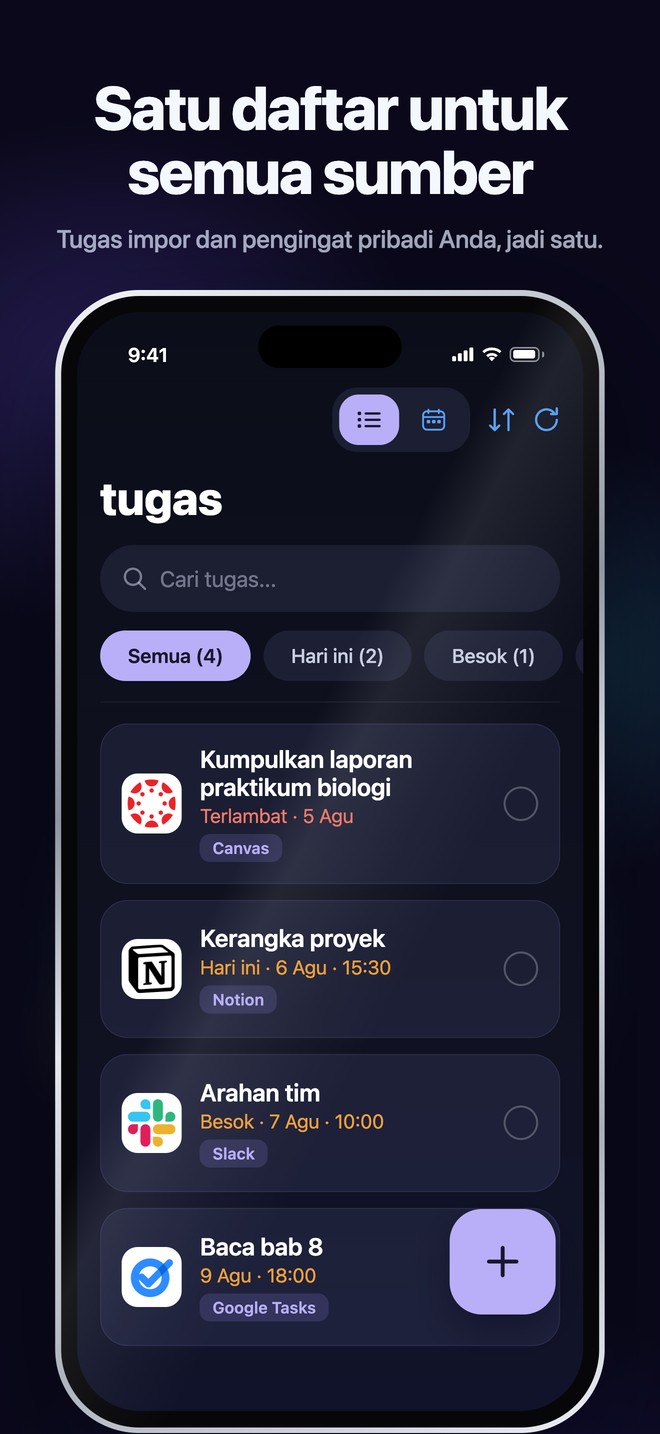 Nonlate iOS Tasks menyatukan tugas impor dan pengingat pribadi dalam satu daftar yang dapat dicari