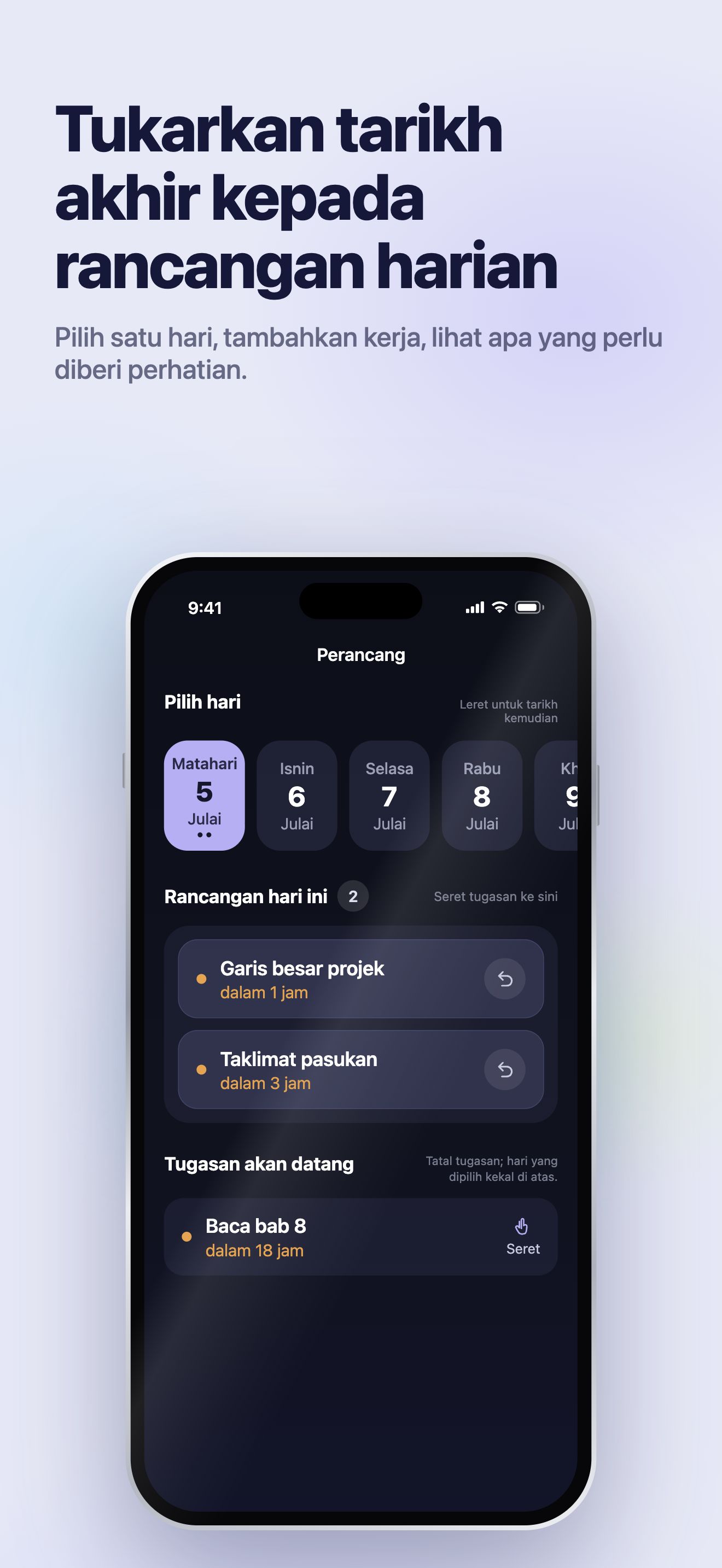Ilustrasi App Store · iOS · Planner · pilih hari
