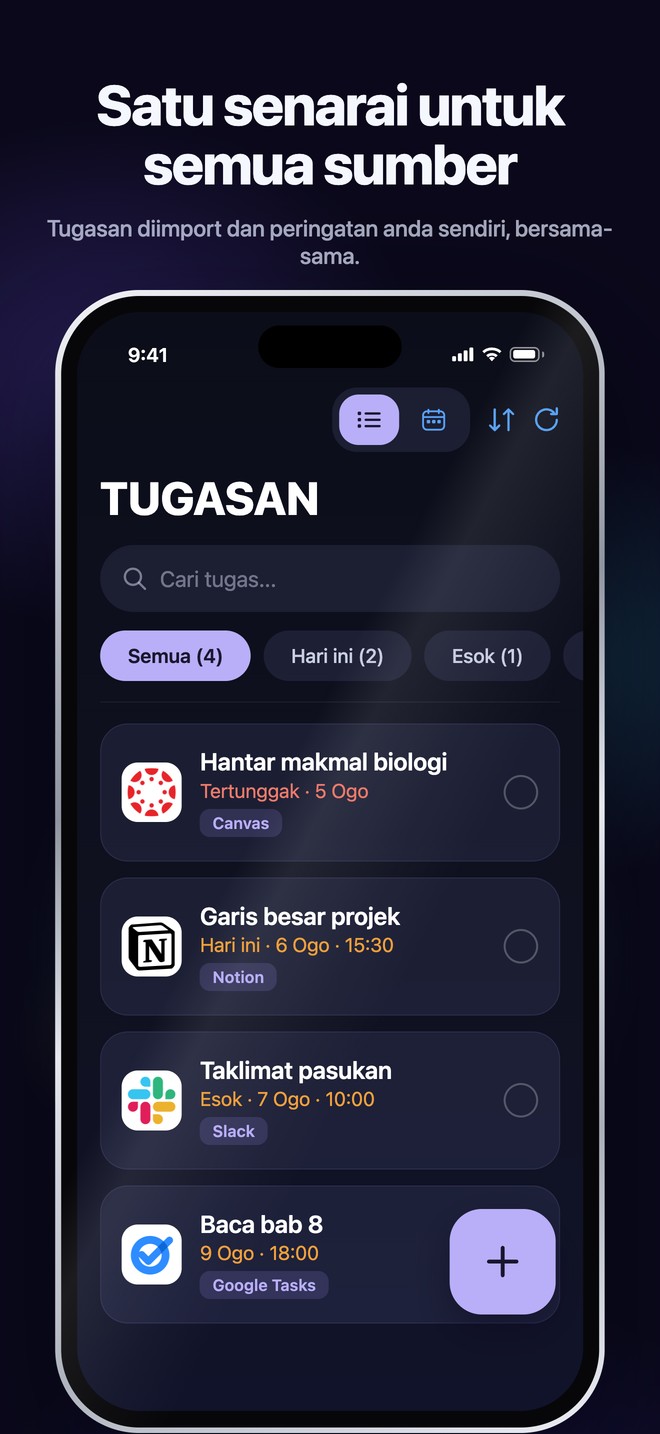 Paparan tugasan iOS Nonlate menyatukan tugasan yang diimport dan peringatan peribadi dalam satu senarai yang boleh dicari