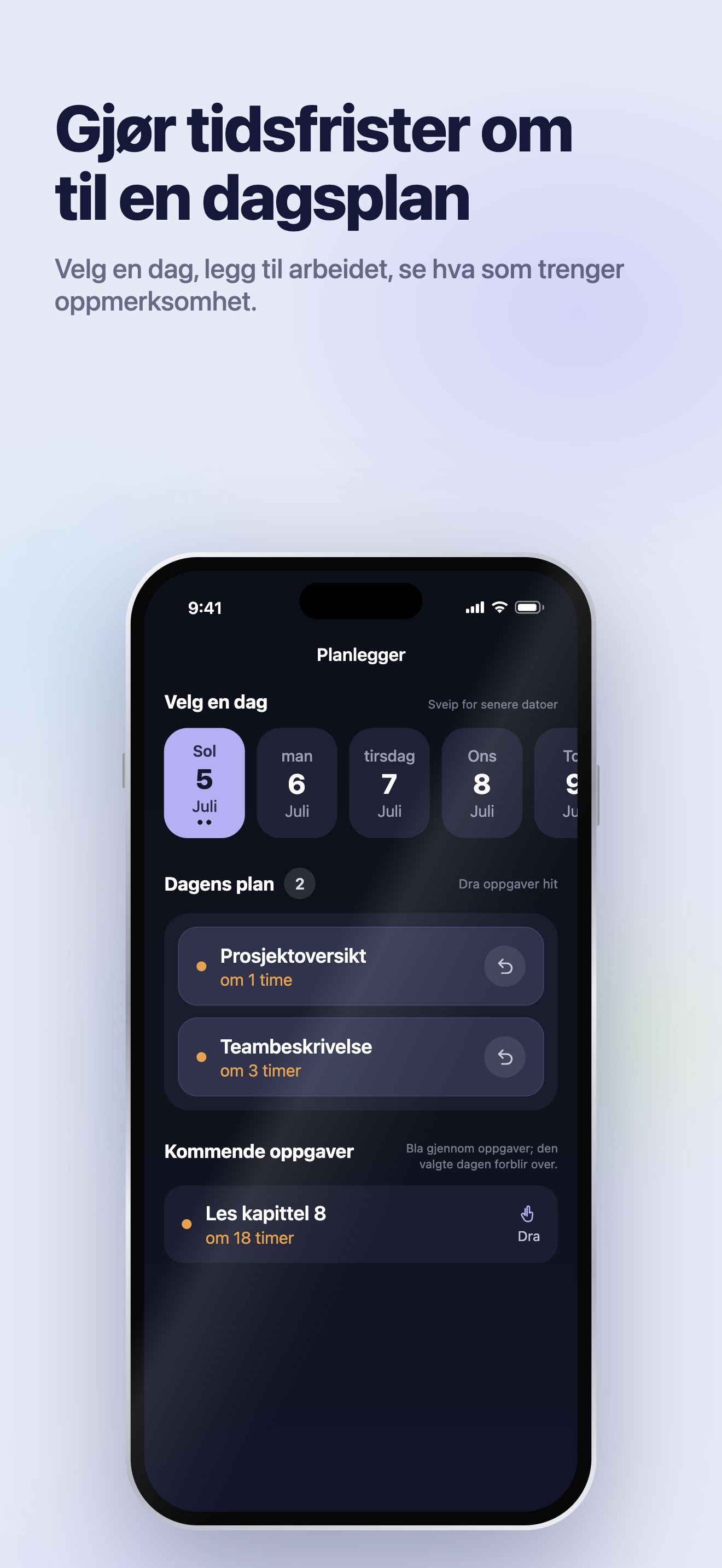 Illustrasjon fra App Store · iOS · Planner · Velg en dag