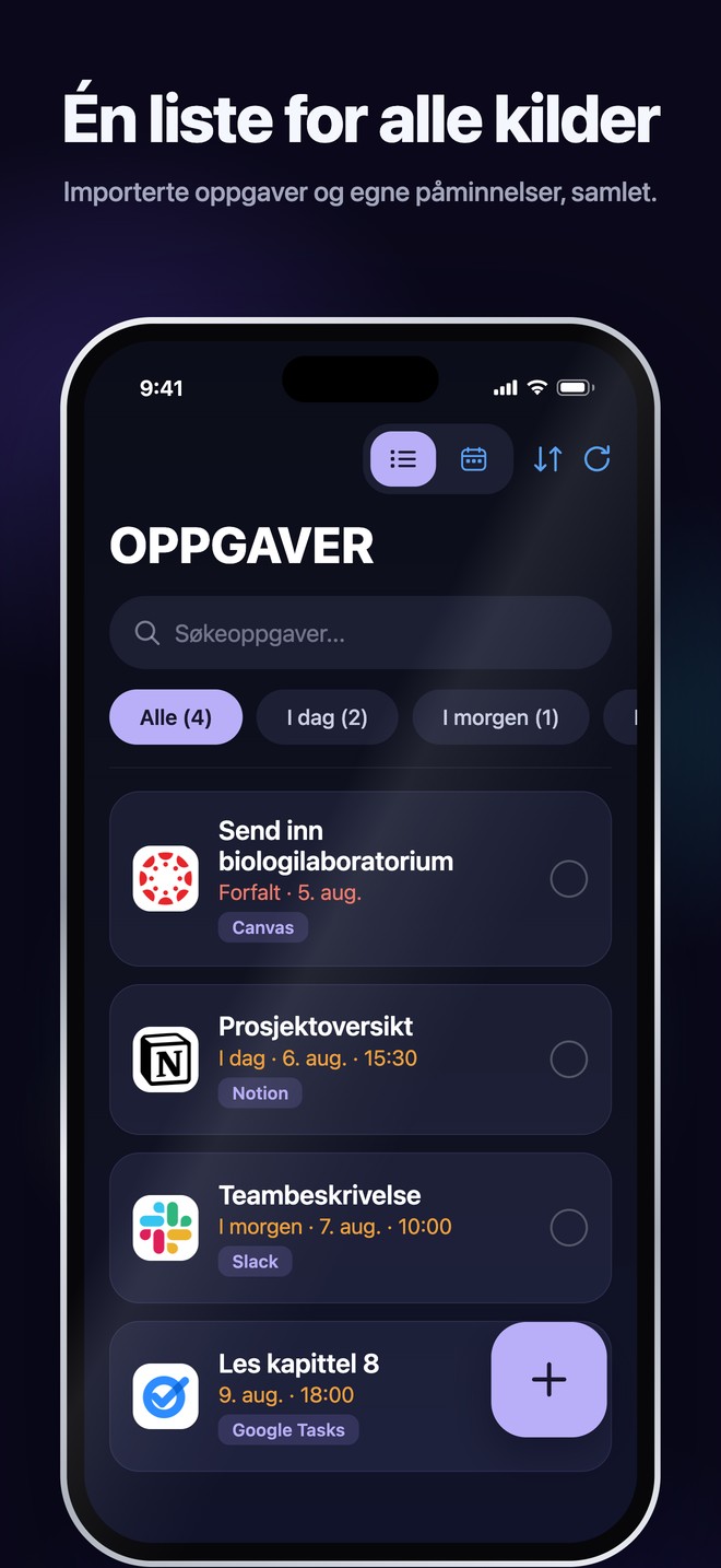 Nonlates iOS-oppgaver samler importerte oppgaver og personlige påminnelser i én søkbar liste