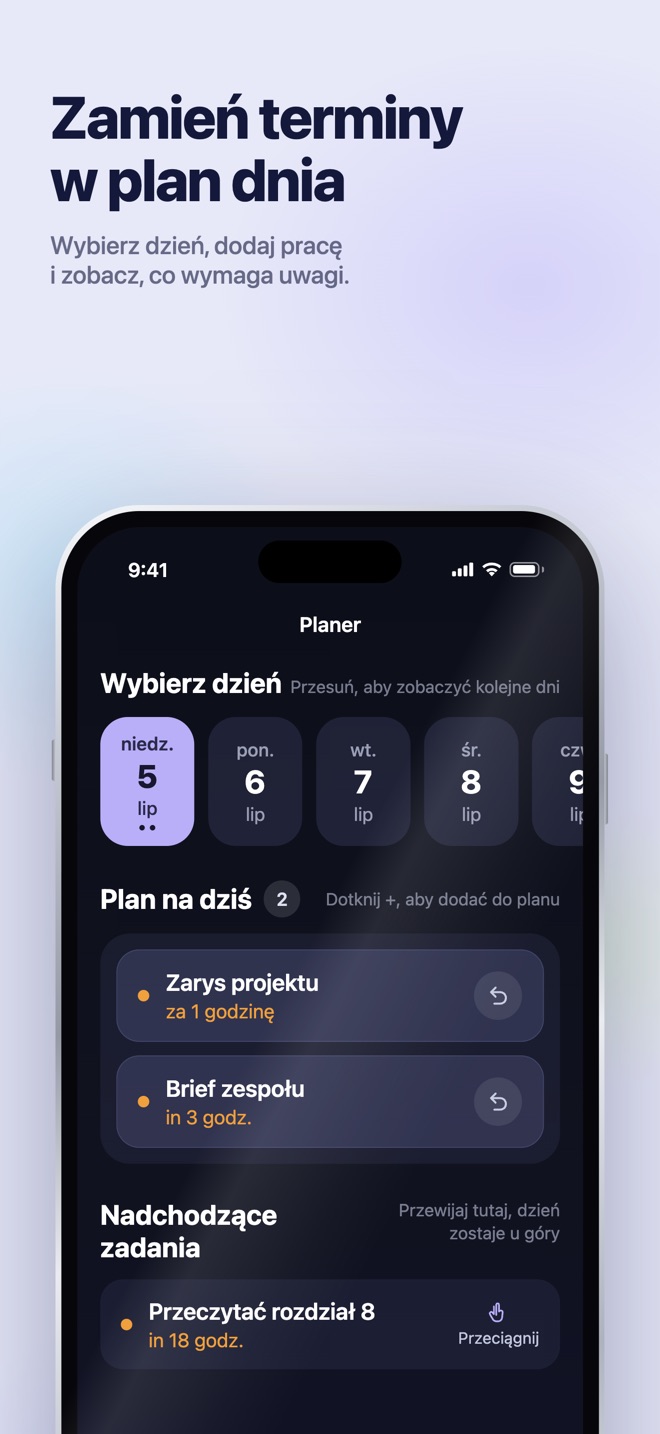 Ilustracja promocyjna z App Store · iOS · Planner · wybierz dzień
