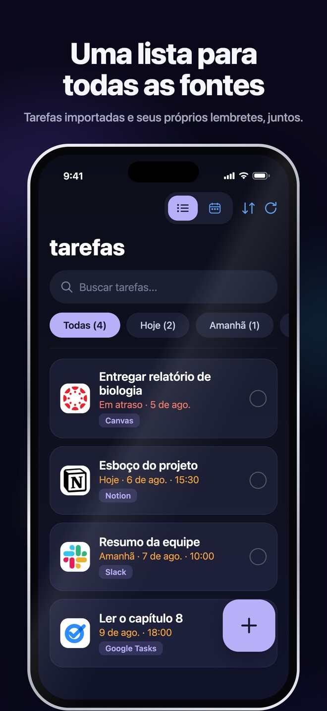 Tarefas do Nonlate no iOS reunindo tarefas importadas e lembretes pessoais em uma lista pesquisável