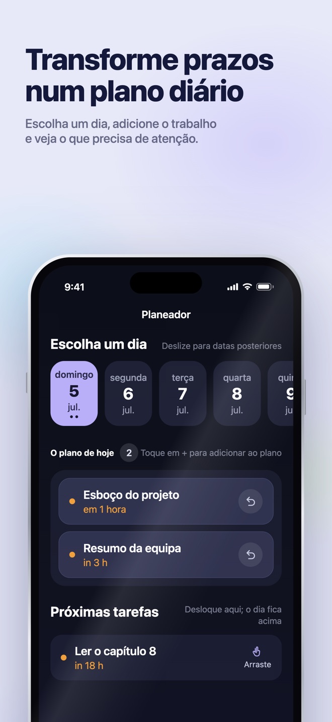 Ilustração da App Store · iOS · Planeador · escolha um dia