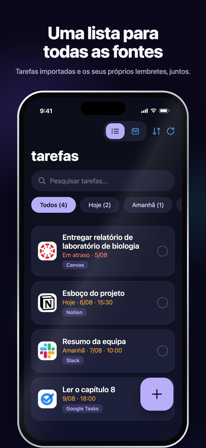 Tarefas do Nonlate no iOS a reunir tarefas importadas e lembretes pessoais numa lista pesquisável