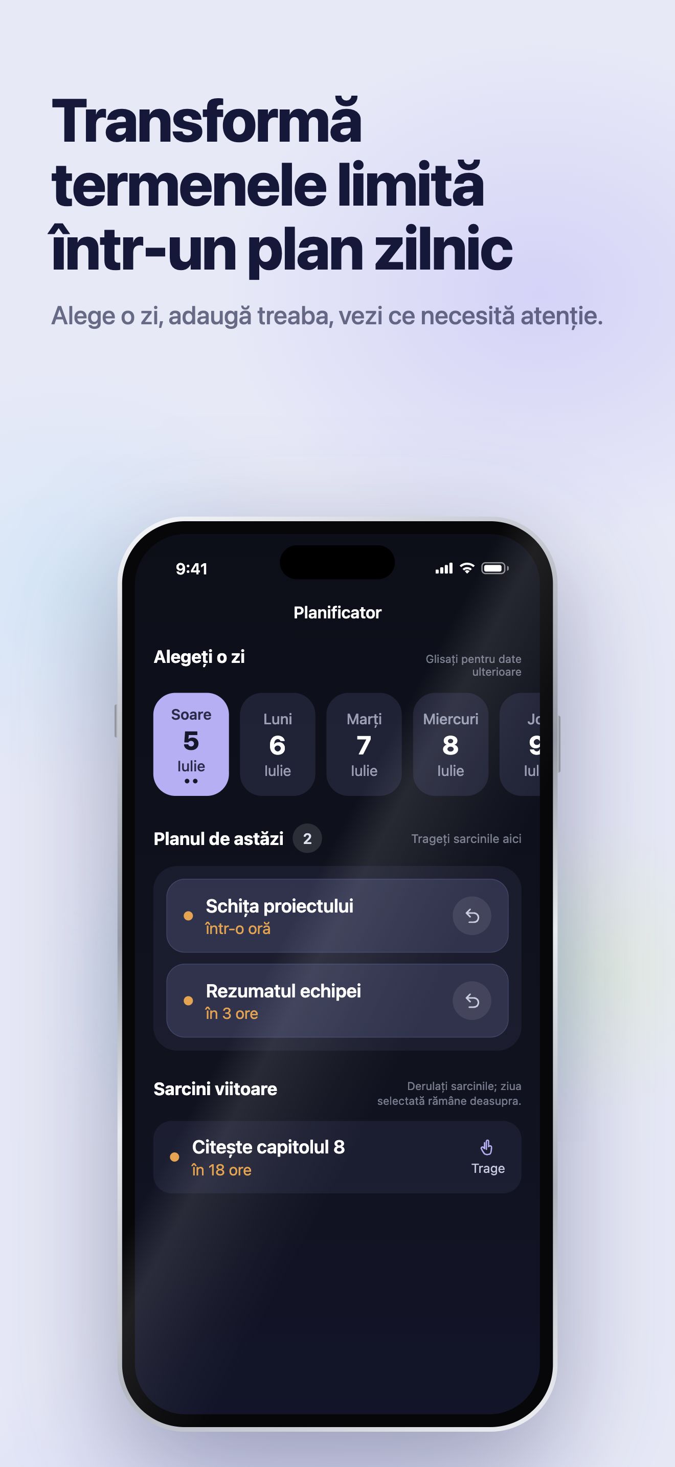 Ilustrație promoțională din App Store · iOS · Planner · alege o zi