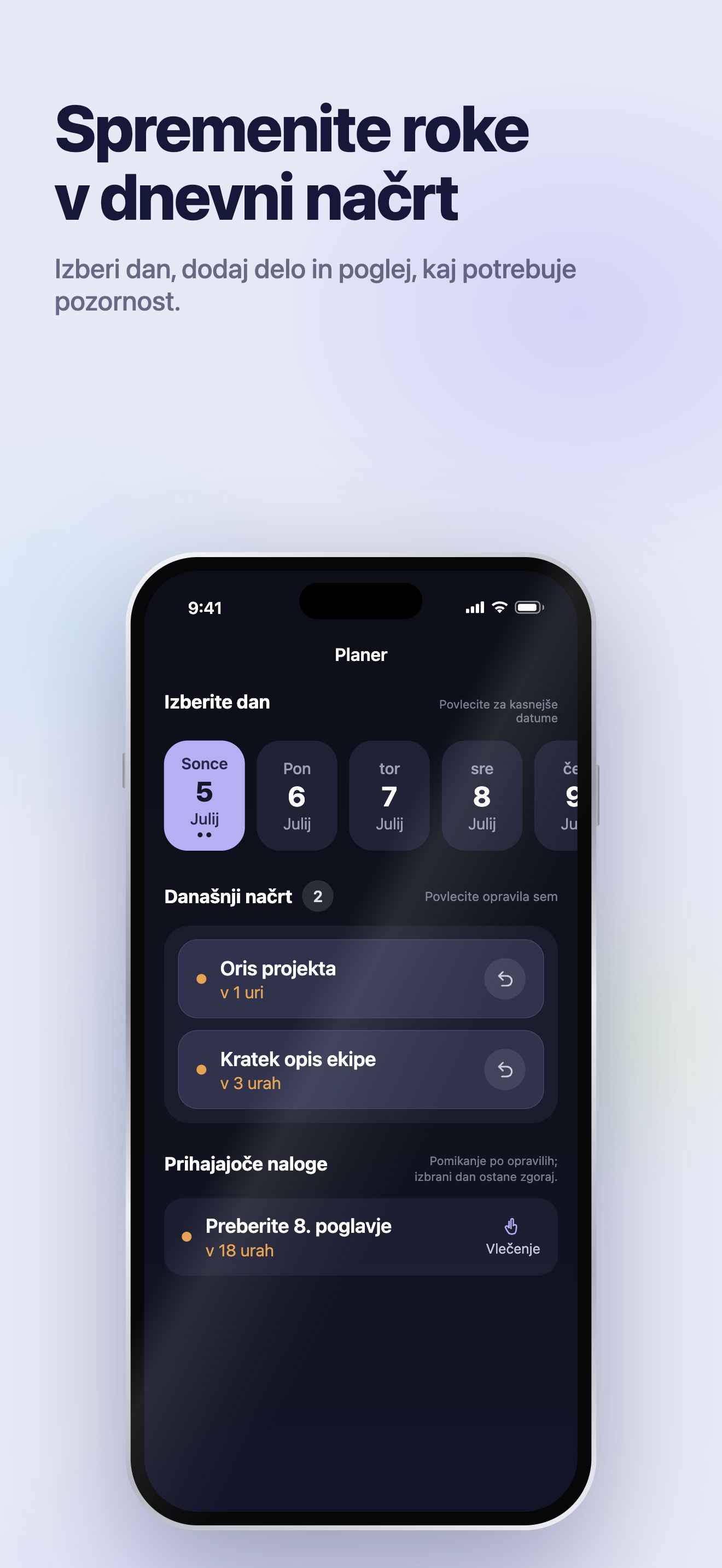 Promocijska ilustracija iz App Store · iOS · Planner · izberite dan