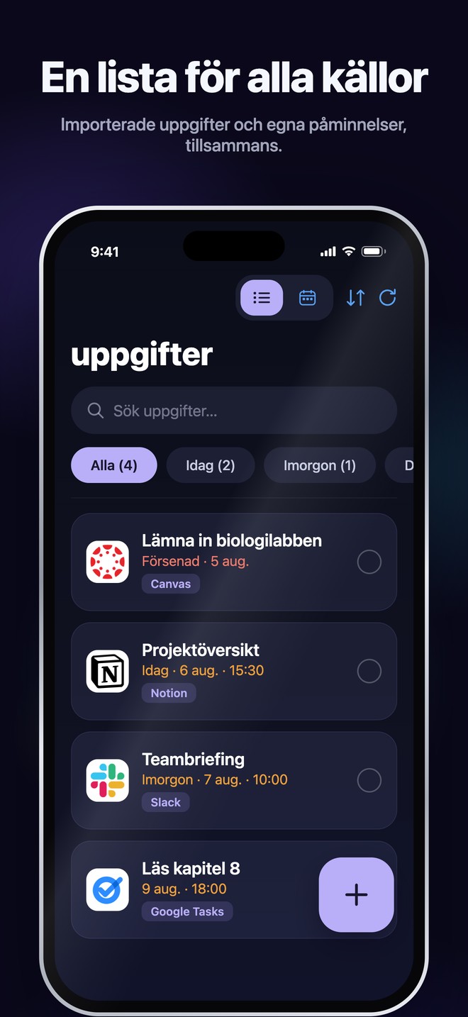 Nonlate Tasks på iOS samlar importerade uppgifter och personliga påminnelser i en sökbar lista
