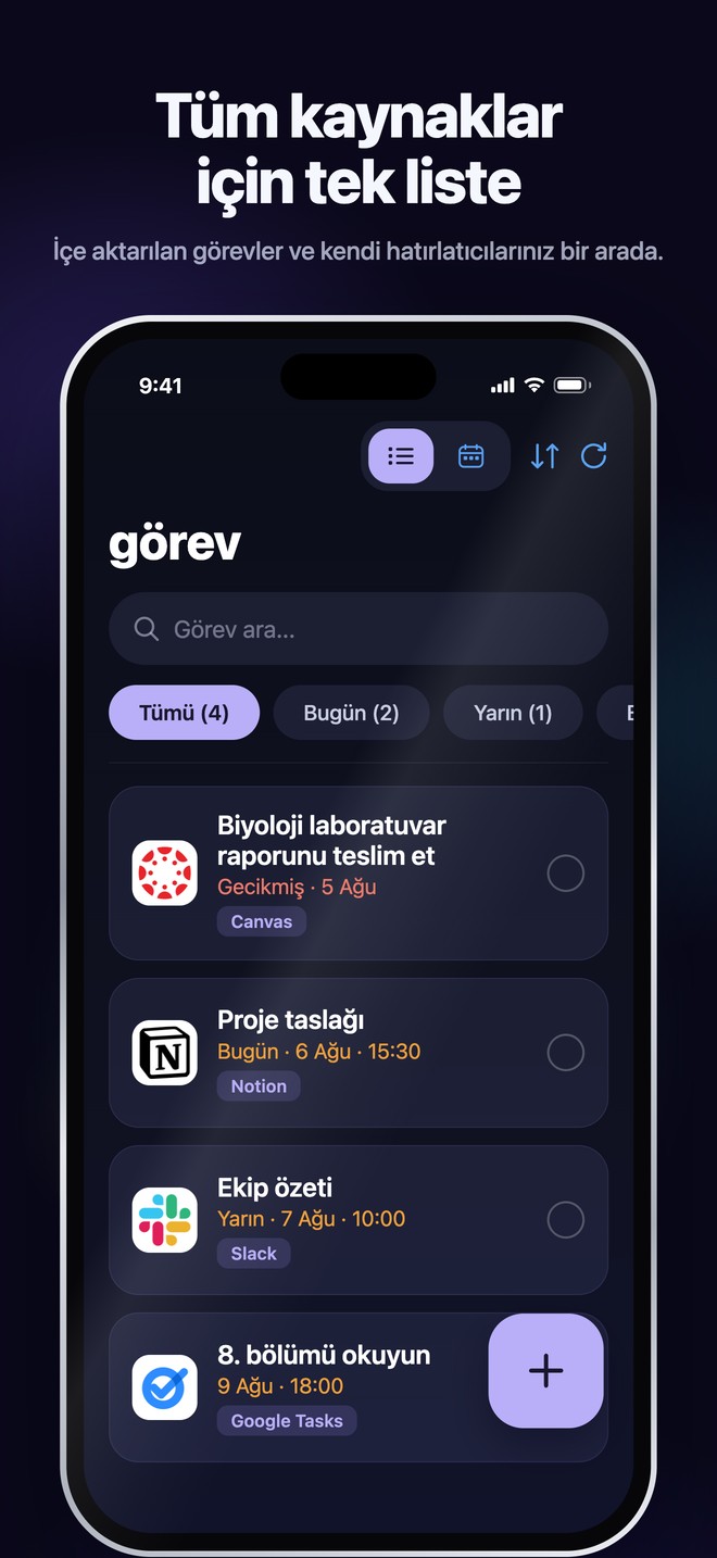 İçe aktarılan görevleri ve kişisel hatırlatıcıları aranabilir tek bir listede toplayan Nonlate iOS Tasks