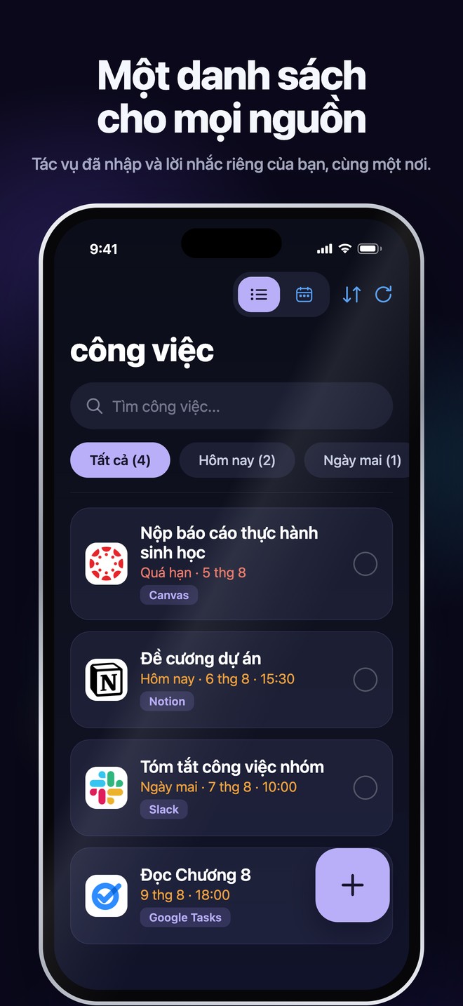 Nonlate iOS Tasks kết hợp nhiệm vụ đã nhập và lời nhắc cá nhân trong một danh sách có thể tìm kiếm
