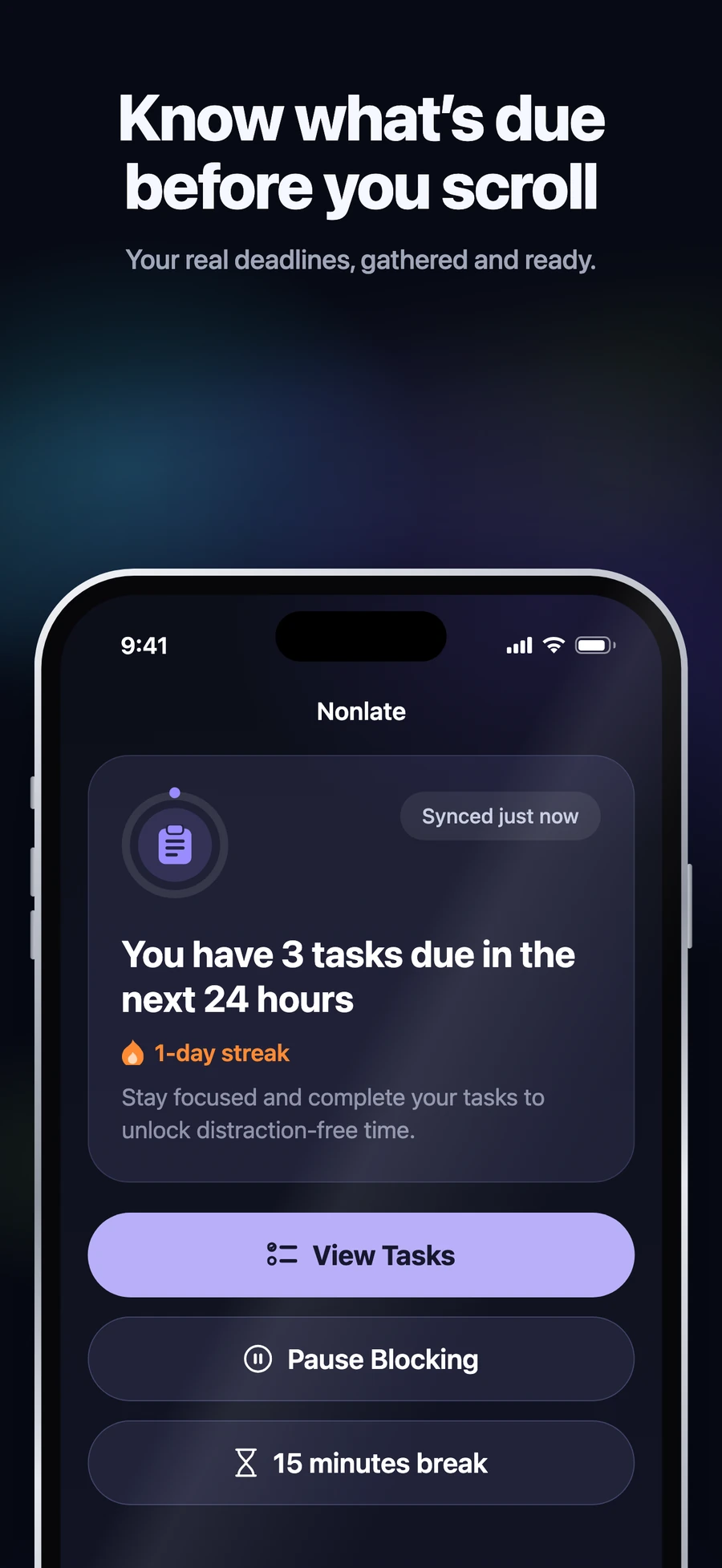 Nonlate home screen showing three tasks due in the next 24 hours