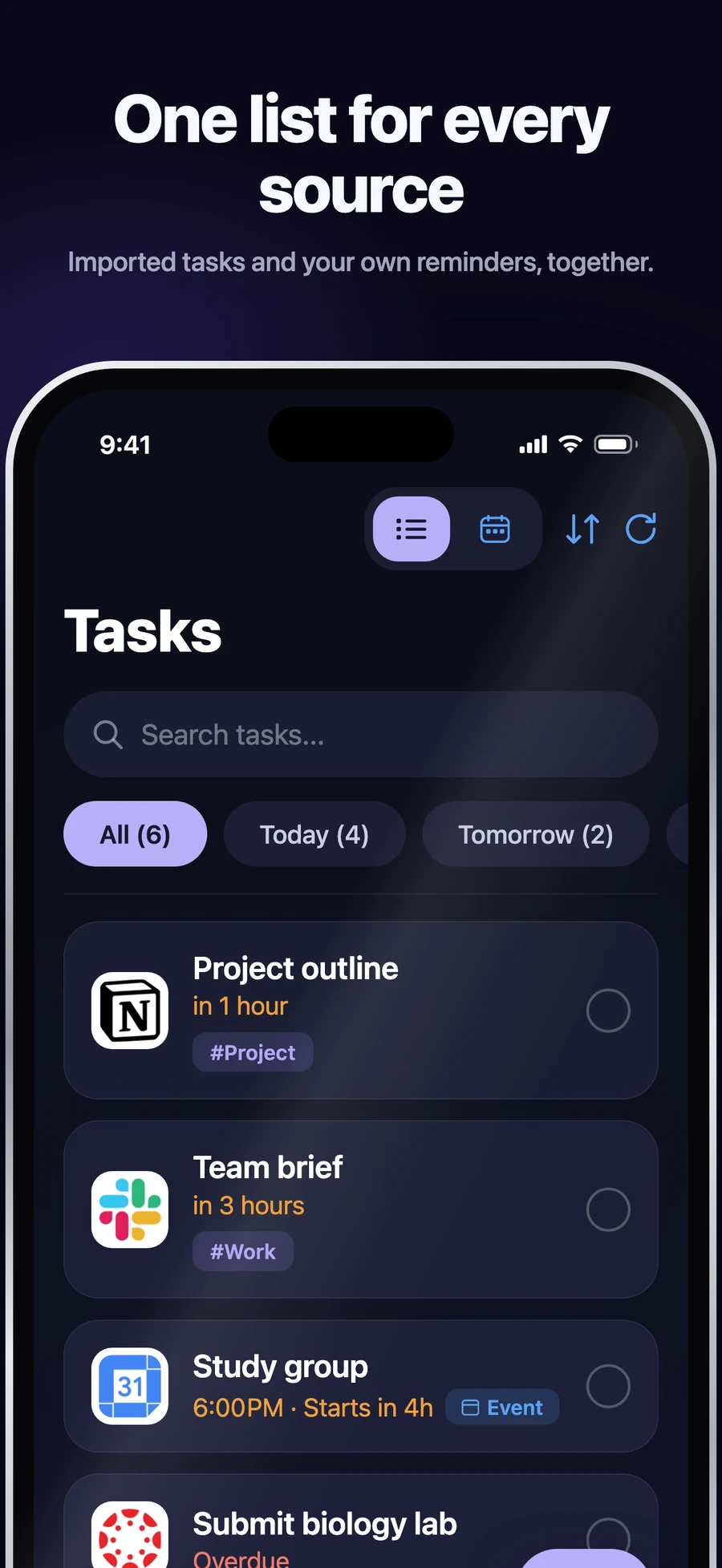 A unified Nonlate task list showing work from multiple sources