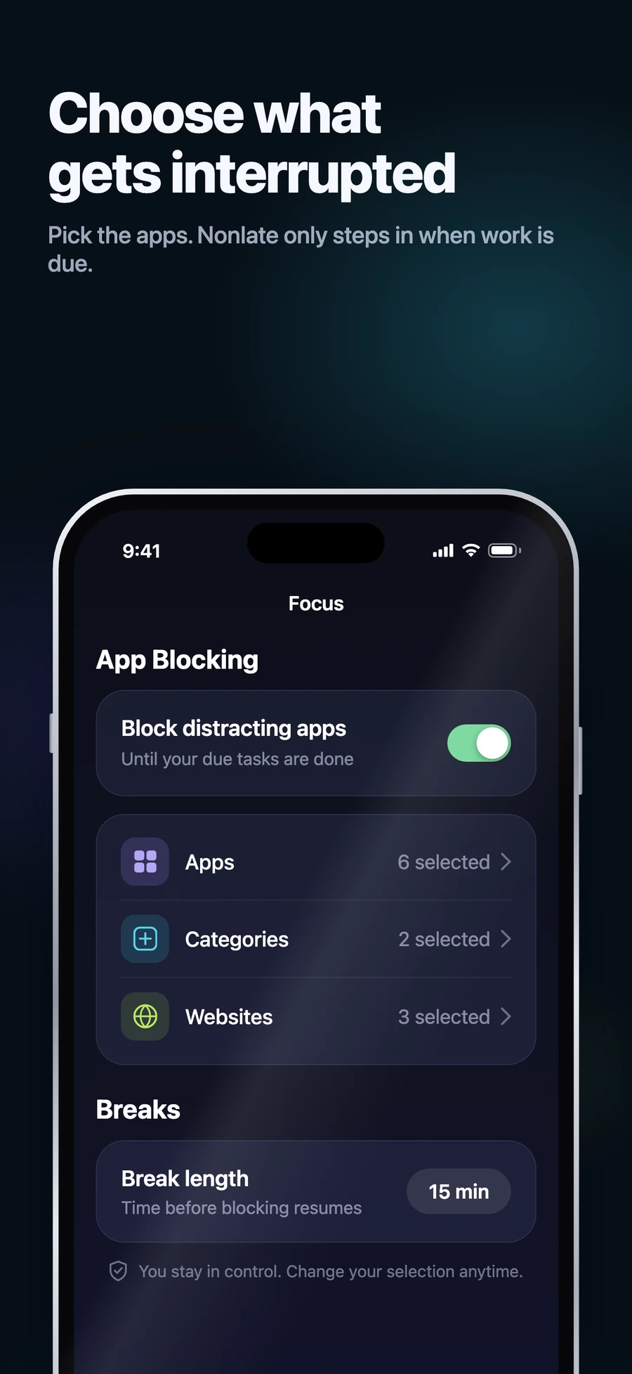 Nonlate focus settings for selecting distracting apps, categories, and websites