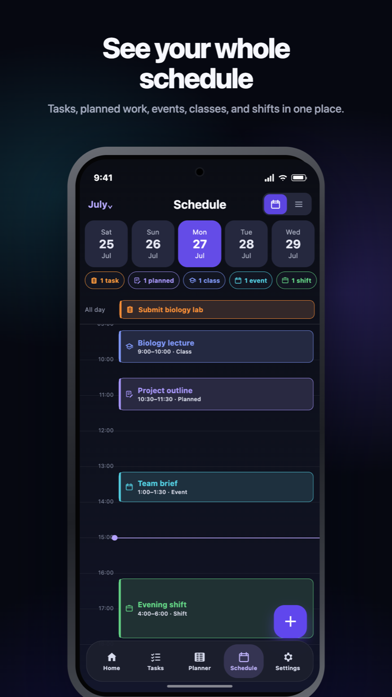 Nonlate Android Schedule arranging planned work, tasks, events, classes, and shifts by time