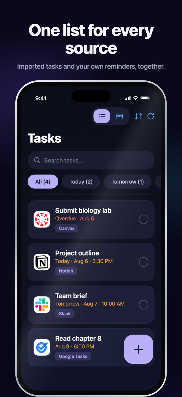 Nonlate iOS task list showing Canvas, Notion, Slack, and Google Tasks work with different dates and times